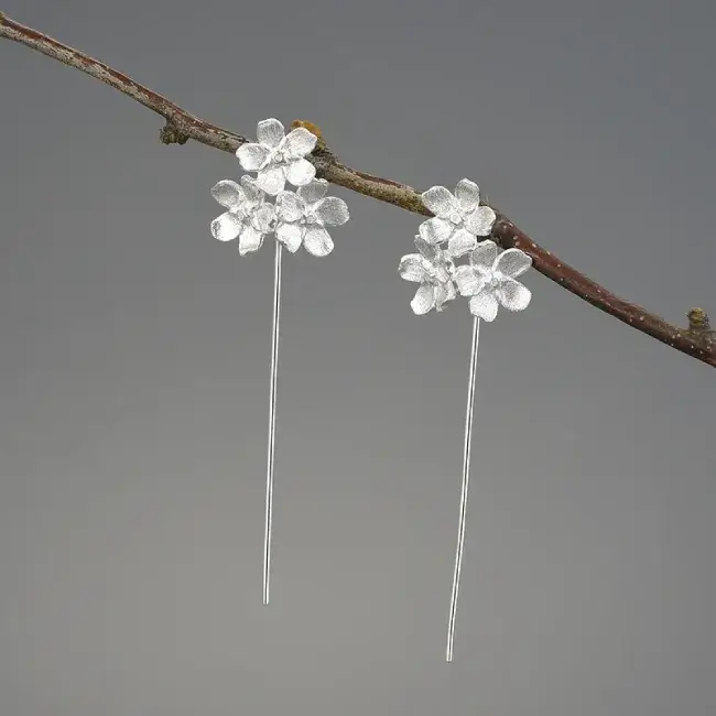 Boucles Doreilles Pendantes Fleurs Blanches Argent