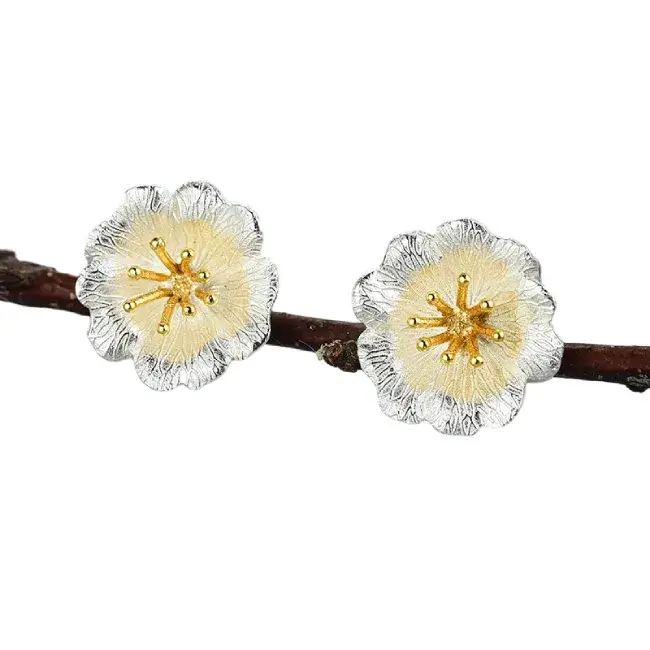 Boucles Doreilles Fleurs Argent Dorees Rose