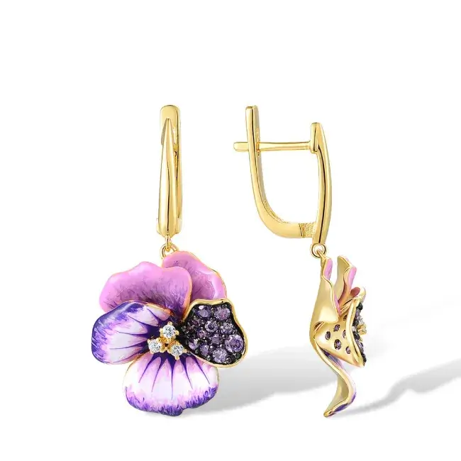 Boucles d’oreilles pendantes violettes et roses en argent sterling 925, plaqué Or jaune pour femme.
