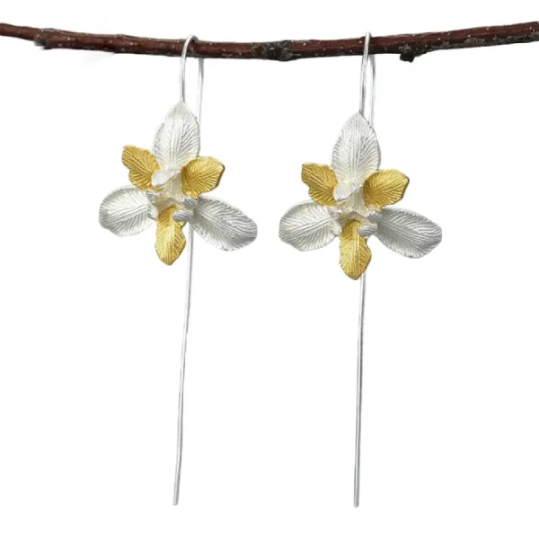 Boucles d’oreilles tiges pendantes pour femme, bijoux fleur d'iris en argent plaqué Or,